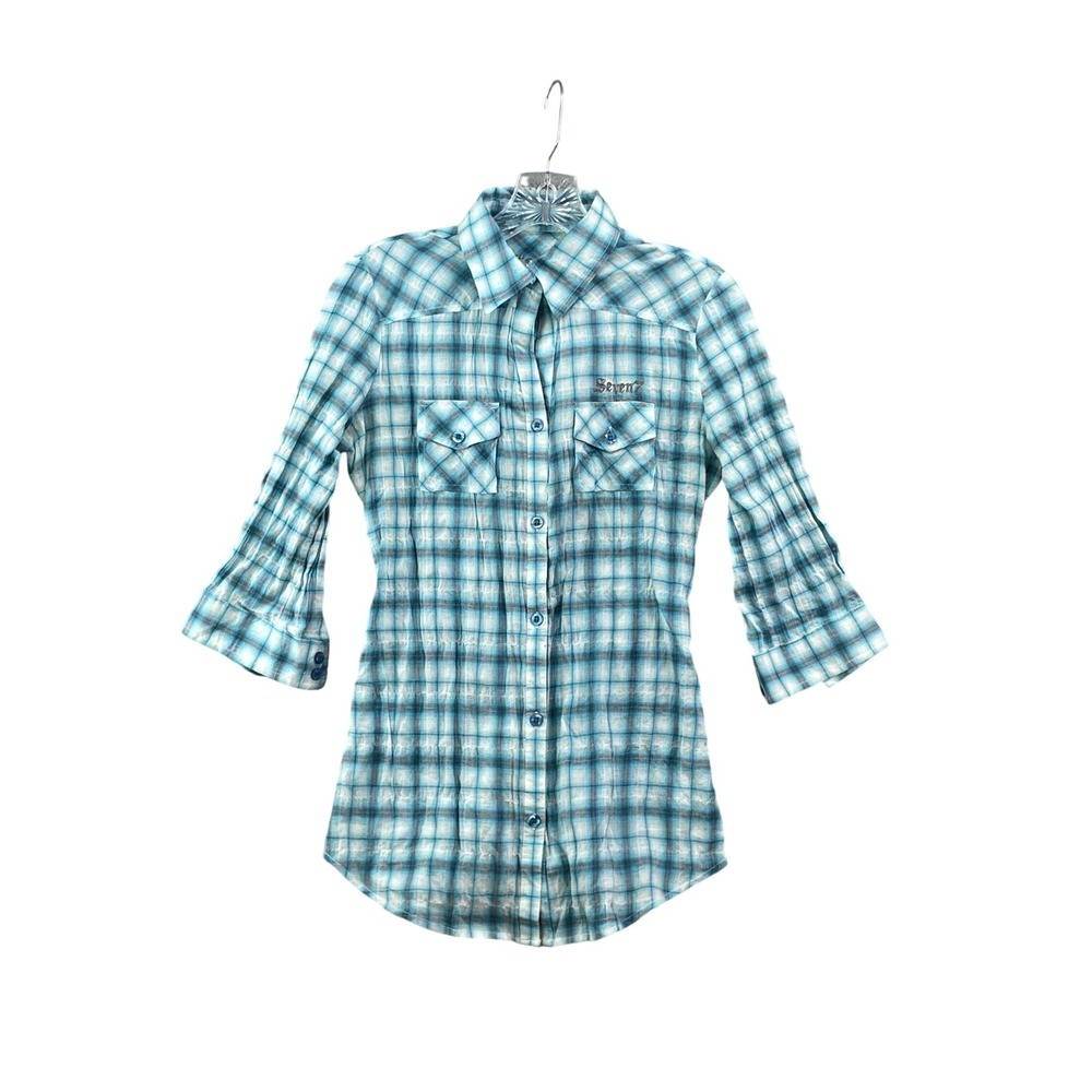 Seven7 Western Shirt Womens Small Blue Paid Y2K 3/4 Sleeve Academia Rodeo Barn‎
